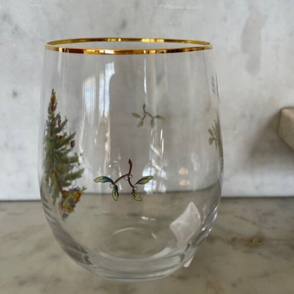 SPODE Christmas Tree Pattern Gold Rimm Stemless Wine Glass - Picture 4 of 10